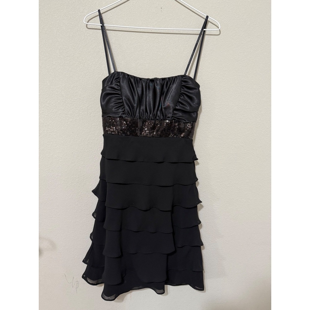Masquerade Tiered Ruffle Dress Womens 5/6 Black Sequin Satin Cocktail Y2K LBD